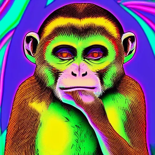 Prompt: psychedelic monkey sad thinking about the life, multicolor