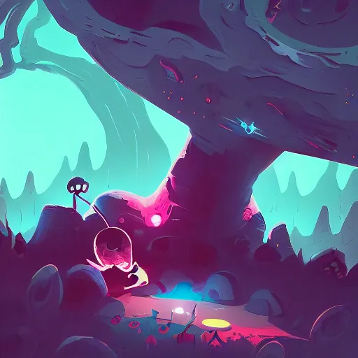 Prompt: an illustration of a alien in the darkness woods, trending on artstation, central composition, very cartoon, shape focus, high detailed, by anton fadeev, cute kawaii