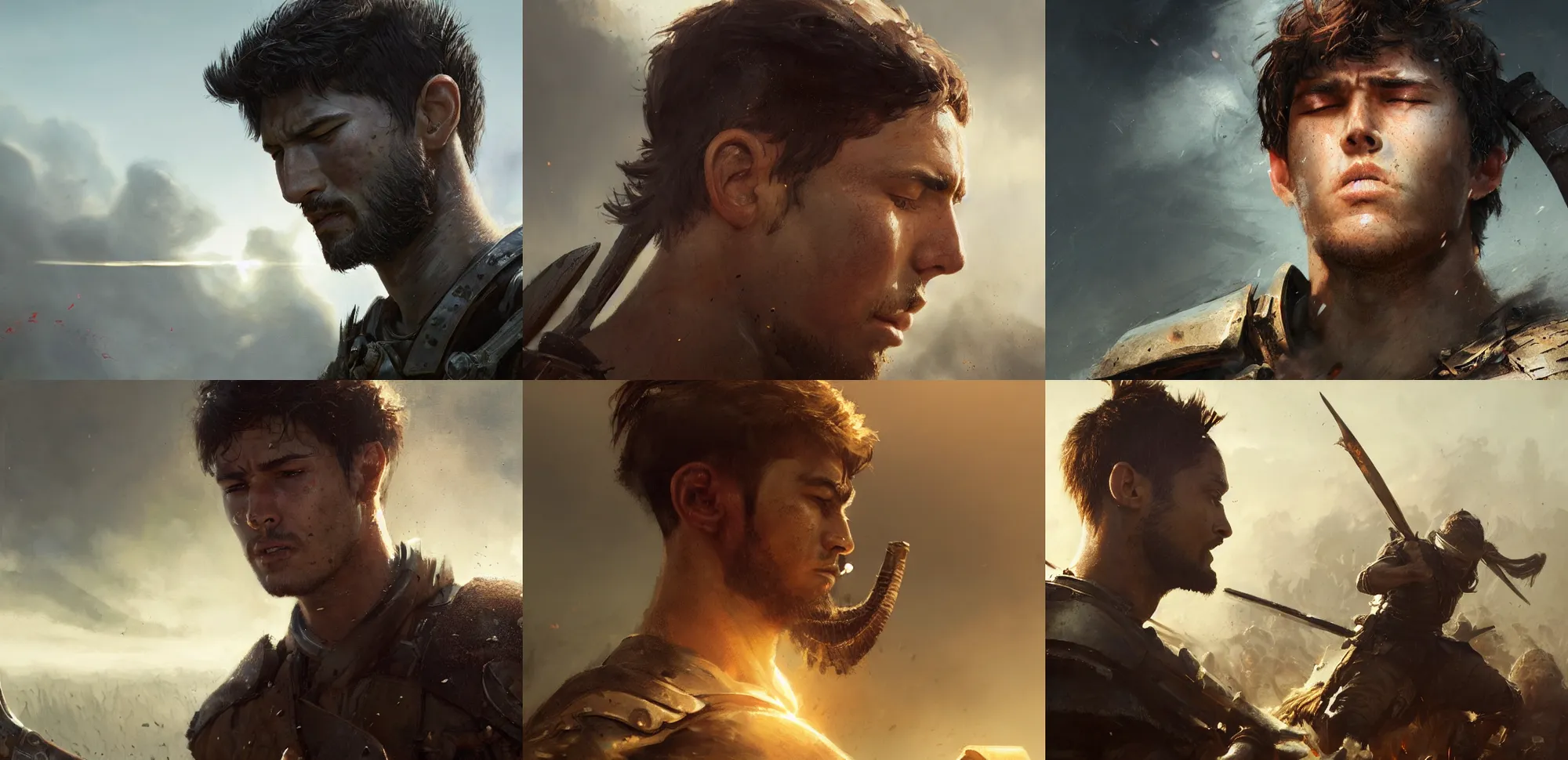 Prompt: close up of a warrior in his twenties with short brown hair, no beard, head raised with eyes closed, sun shining on his face, battlefield by Greg Rutkowski, 4k, masterpiece