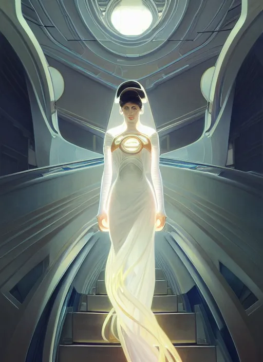 Image similar to symmetry!! portrait bride, going down the stairs, futurism, sci - fi, glowing lights!! intricate, elegant, highly detailed, digital painting, artstation, concept art, smooth, sharp focus, illustration, art by artgerm and greg rutkowski and alphonse mucha, 8 k