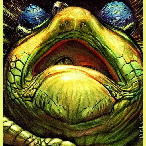 Prompt: a turtle monster ,chalk digital art, fantasy, magic, trending on artstation, ultra detailed, professional illustration by Basil Gogos
