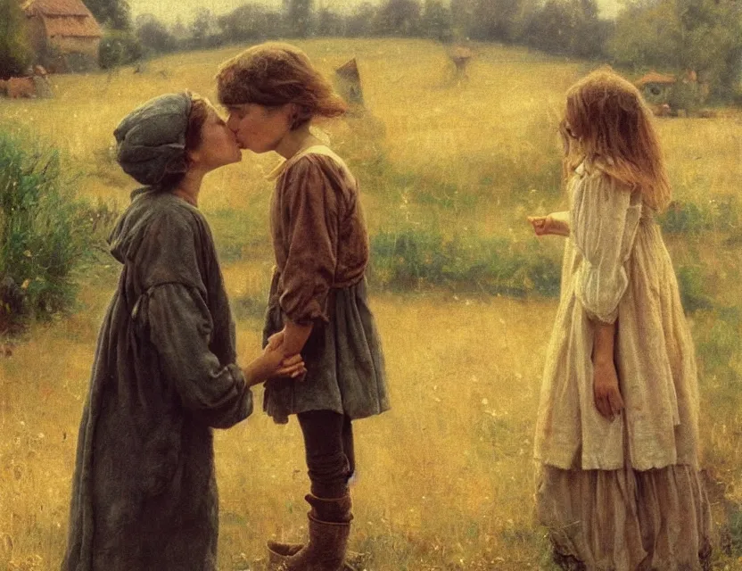 Image similar to peasant boy and girl first kiss, on a village, Cinematic focus, Polaroid photo, vintage, neutral colors, soft lights, foggy, by Steve Hanks, by Serov Valentin, by lisa yuskavage, by Andrei Tarkovsky 8k render, detailed, oil on canvas