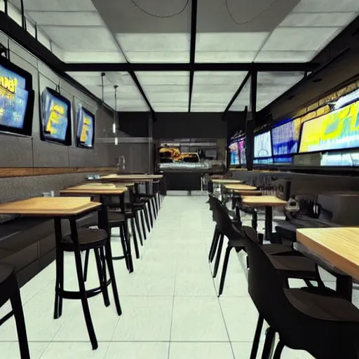 Prompt: cyberpunk-inspired fast food restaurant interior. photorealistic. HDR