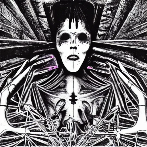 Image similar to post - punk new age album cover, magic, apocalypse, psychedelic, black white pink, magic, giger h. r.