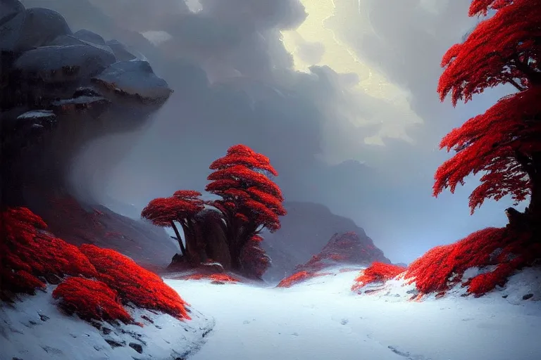 Image similar to a beautiful oil painting of a rocky valley covered in snow, trees with red leaves, thunderstorm in the sky, blue lighting, gloomy, atmospheric lighting, detailed, by greg rutkowski, trending on artstation