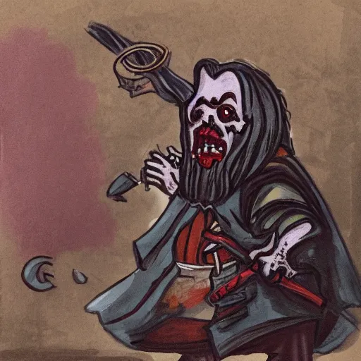 Image similar to gouache of a dwarf necromancer fixing up a zombie