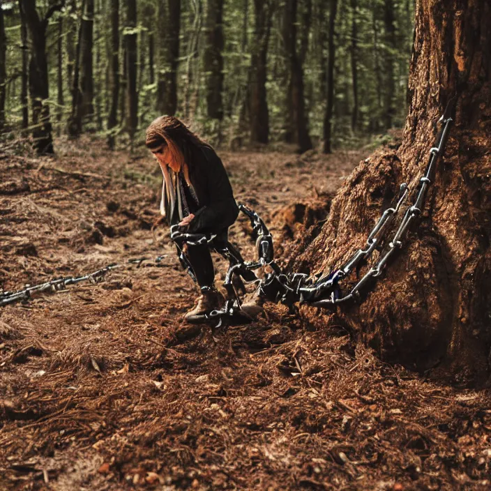 Prompt: a closeup of a woman dragging a pile of chains, in a forest, by Erik Almas, CANON Eos C300, ƒ1.8, 35mm, 8K, medium-format print