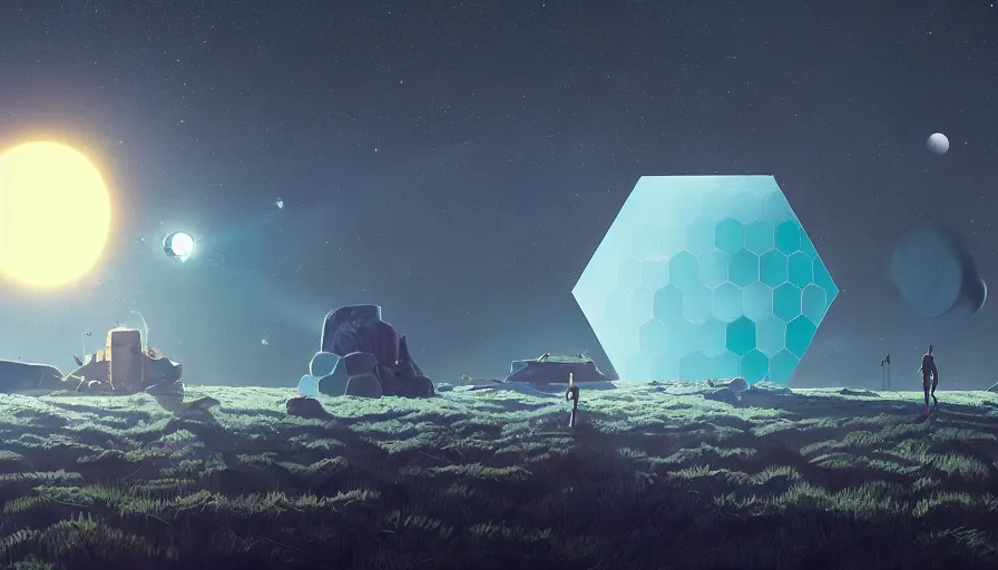 Image similar to hexagon blocking the sun in space, planet earth in foreground, simon stalenhag