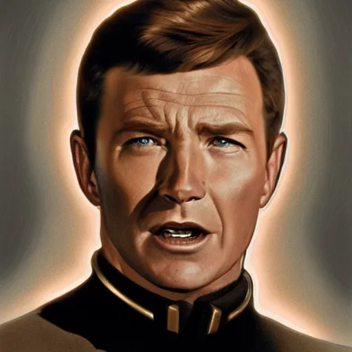 Image similar to photograph of captain j. kirk from star trek screaming in terror. sharp photograph, sharp focus, highly detailed,, detailed face!!, ultra realism, dramatic lighting, zeiss lens, canon eos, detailed skin, dynamic pose, 8 k resolution, hyperrealism, portrait photography, art by artgerm and greg rutkowski and alphonse mucha