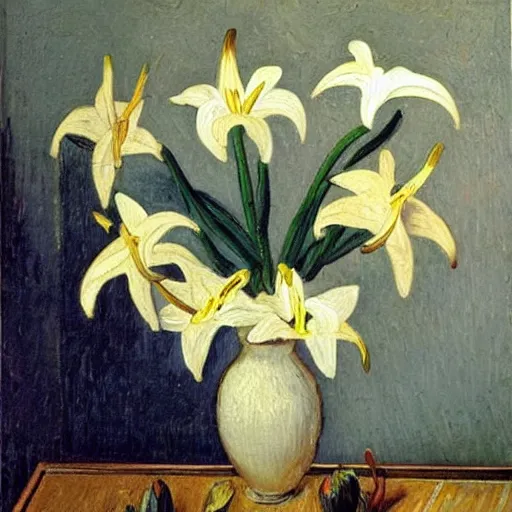 Image similar to white lilies in vase on table, natural lighting, painting by vincent van gough