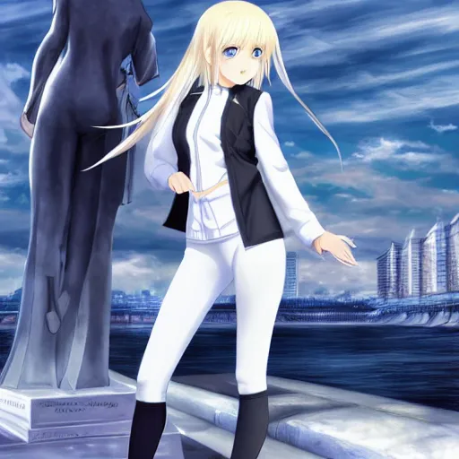 Prompt: aristocratic platinum - blonde - haired hime - cut blue - eyed princess wearing white leggings and black jacket, standing next to communist monument, anime, hd anime wallpaper, drawn by artgerm