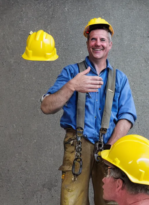 Prompt: portrait of cheerful bryan craston as a crane operator, yellow hardhat, natural light, bloom, detailed face, magazine, press, photo, steve mccurry, david lazar, canon, nikon, focus