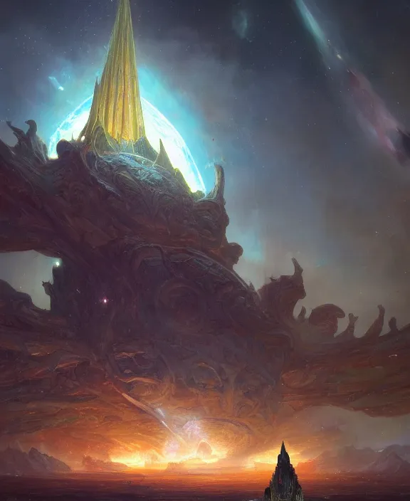 Prompt: wide shot of a starship with a stone devil's tower on its hull, in space near a nebula, d & d, fantasy, intricate, elegant, highly detailed, colorful, vivid color, digital painting, artstation, concept art, art by artgerm and greg rutkowski and alphonse mucha and ruan jia