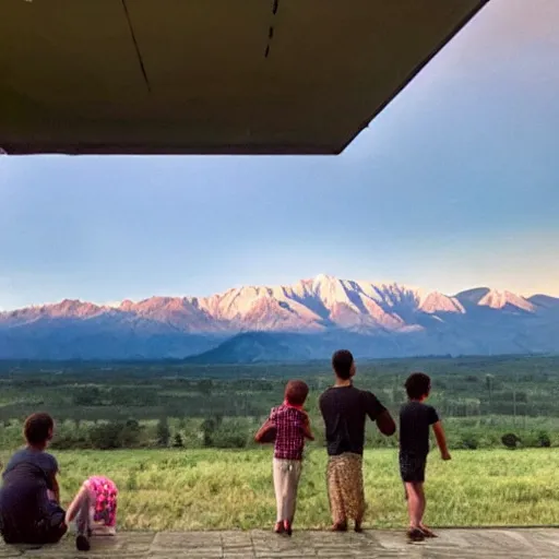 Image similar to A family on their front porch watching the explosive impact of a meteorite into the distant mountains. Comet, Meteor, apocalypse, shockwave, total and absolute destruction