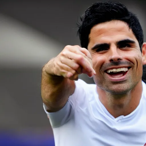 Prompt: a promo portrait of mikel arteta drooling to the camera, happy, hyper detailed, wide angle lense, fisheye, reuters