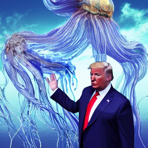 Image similar to Full body photo of Donald Trump, he has a jellyfish-phoenix head\'s and a siren body, some tentacles are touching him, by Tooth Wu, trending on Artstation, digital art, symmetrical artwork, cinematic, hyper realism, high detail, octane render, 4k, 8k