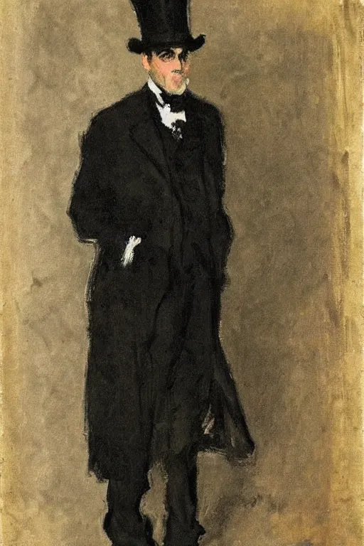 Image similar to portrait of george clooney as a gentleman wearing an edwardian suit and top hat by walter sickert, john singer sargent, and william open