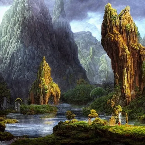 Prompt: a beautiful and highly detailed oil painting of an elven temple in the mountains, detailed trees and cliffs, intricate details, epic scale, insanely complex, 8 k, sharp focus, hyper realism, by caspar friedrich,