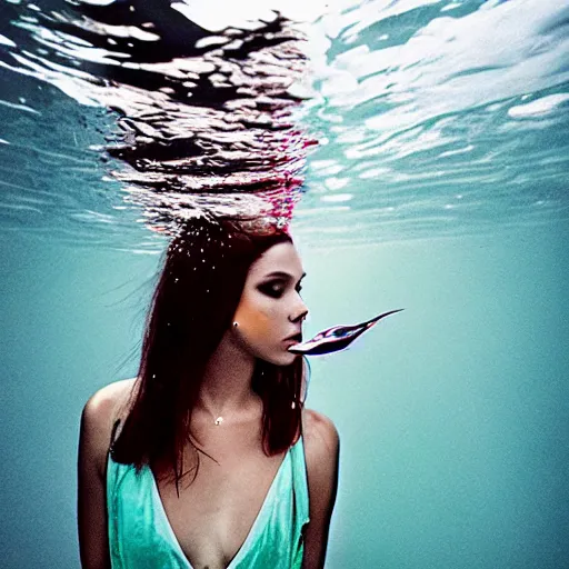 Image similar to medium format photograph of a surreal fashion shoot underwater with lightning strikes and neon fish