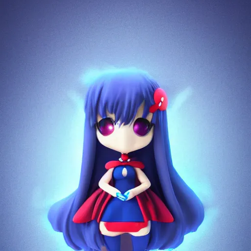 Image similar to cute fumo plush of a superheroine girl in a blue dress, magical girl, gothic maiden anime girl, glowing writing, velvet, vray