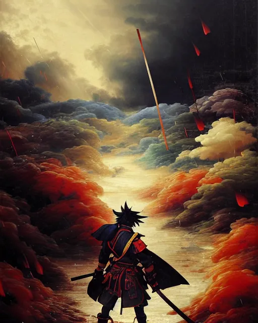 Image similar to baroque oil painting of key visual great samurai war, many warriors, rain, storm, final fantasy, fake detail, trending pixiv fanbox, acrylic palette knife, style of makoto shinkai takashi takeuchi yoshiyuki sadamoto greg rutkowski chiho aoshima