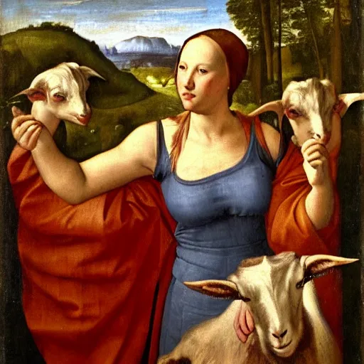 Image similar to woman with horns holds a goat, renaissance painting
