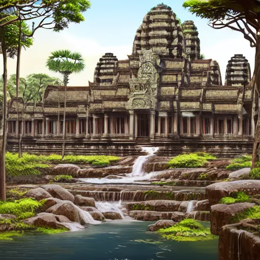 Prompt: art deco angkor wat brownstone temple on a platform that extends over a great waterfall, everglades, by asher brown durand and eddie mendoza and studio ghibli, trending on artstation