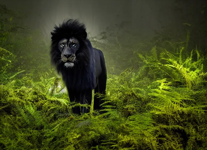 Prompt: professional wildlife photograph of a black lion standing in a foggy dark jungle at night, surrounded by dense dark trees at night, moss, ferns, cinematic lighting, apex predator, natgeo