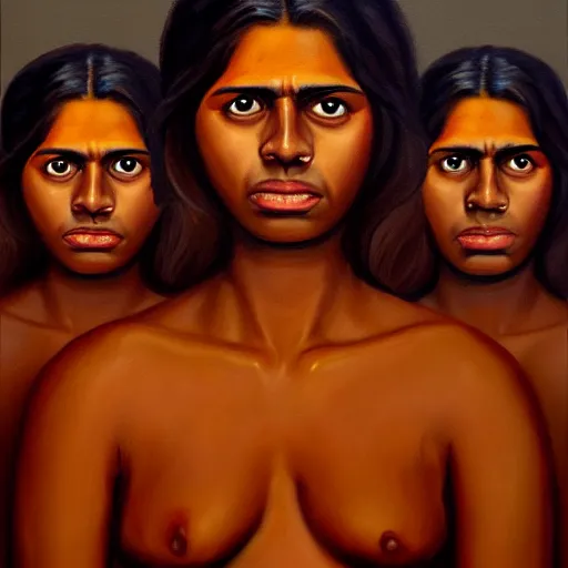 Image similar to a painting of a terrified brown woman with three brown men in background, hyperrealistic faces, detailed digital art, aesthetic!, trending on artstation,