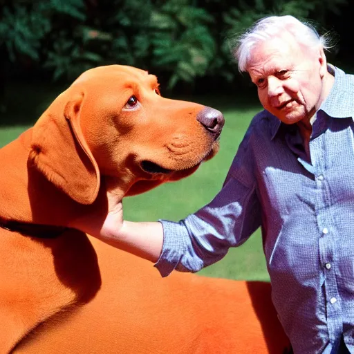 Prompt: Sir David Attenborough with Clifford the Big Red Dog