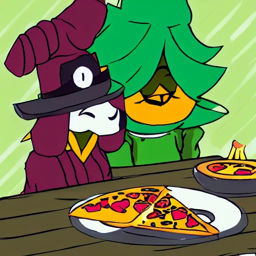 Image similar to ralsei from deltarune eating pizza with asriel from deltarune