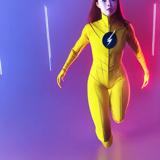 Image similar to realistic photo of Chuu from LOONA as The Reverse Flash, heroic pose, white fog, key lighting, octane render