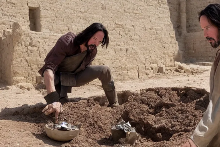 Image similar to film still of keanu reeves wearing an archaeological outfit sifting material at an ancient egyptian archaeological digsite