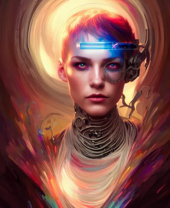 Image similar to a whirlwind of souls rushing inside the metaverse, half body, jewelry, fashionable haircut, android, cyborg, cyberpunk face, by loish, d & d, fantasy, intricate, elegant, highly detailed, colorful, vivid color, digital painting, artstation, concept art, art by artgerm and greg rutkowski and alphonse mucha