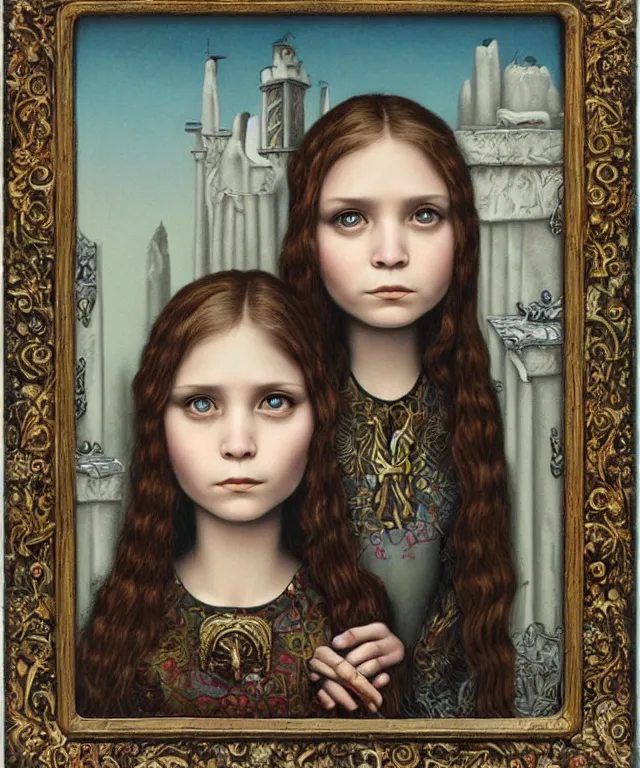 Prompt: epic fantasy portrait of sisters Olsen, lowbrow painting by Mark Ryden