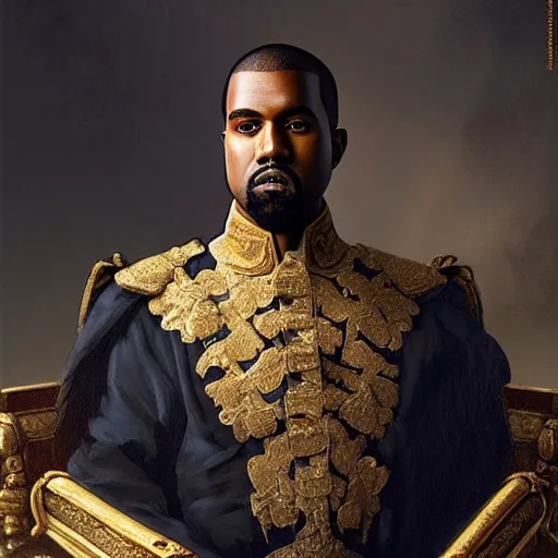 Image similar to Portrait of Kanye West as emperor napoleon, amazing splashscreen artwork, splash art, head slightly tilted, natural light, elegant, intricate, fantasy, atmospheric lighting, cinematic, matte painting, by Greg rutkowski