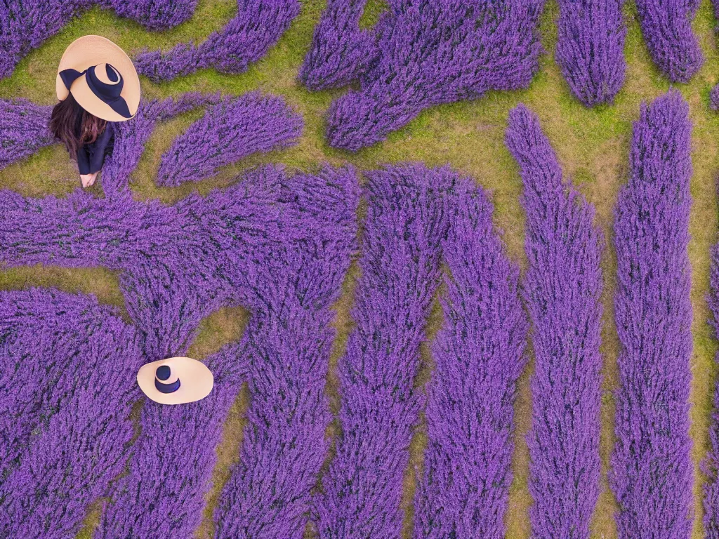 Prompt: dreamy aerial view of a girl with hat in middle of the beautiful lavender field, highly detailed, symmetric, drone photography, landscape photography, photorealism, smooth 4k