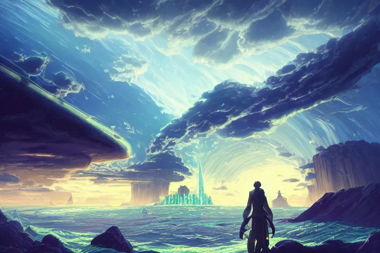 Prompt: fantasy landscape, riven, myst, city above the ocean, huge waves, clouds, stars, beautiful lighting, vivid colors, intricate, elegant, smooth, concept art, cinematic, unreal engine, wallpaper, by syd mead, terada katsuya, atey ghailan, svetlin velinov, makoto shinkai art style