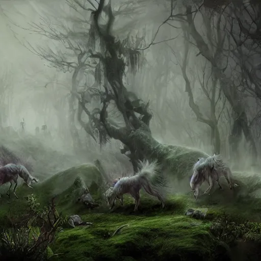 Image similar to aspectacular moody fantasy painting, spectral figures coming out of the fog with their pack of wolves, leaves and feathers twisted in their hair, moss growing on their clothes, destructive magic pulsing at their fingertips, cgsociety art