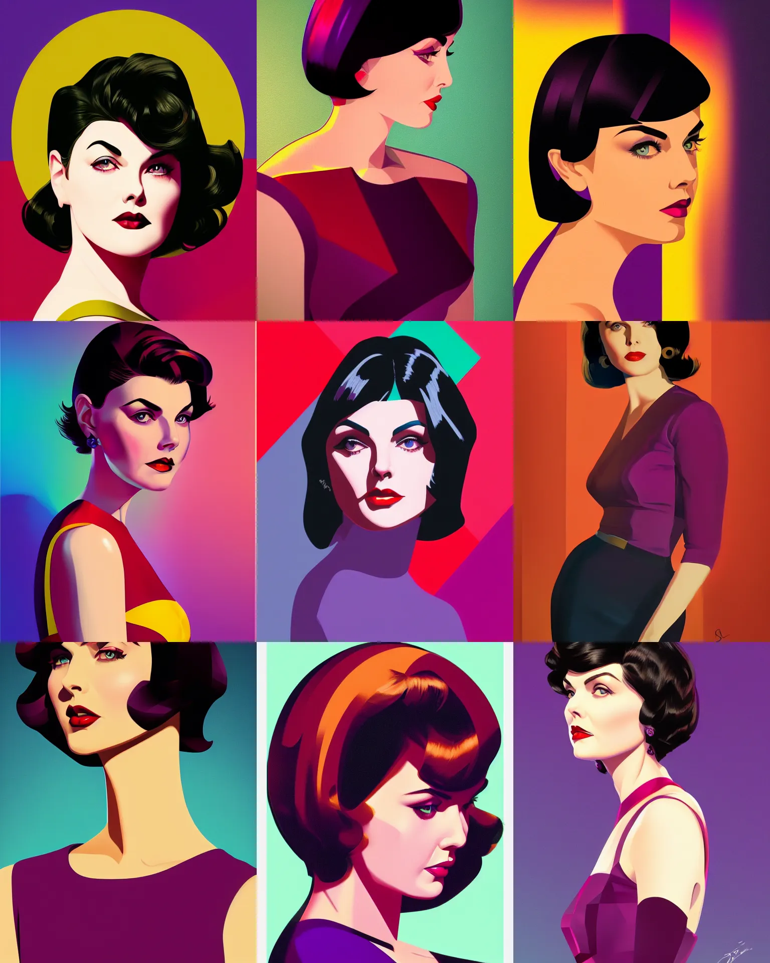 Prompt: sherilyn fenn 2 6 years old, android arm, bob haircut, portrait by stanley artgerm, dramatic lighting, ilya kuvshinov, trending on artstation, flat colour, geometric curves, gradient filter, red and purple and yellow back light, art deco patterns