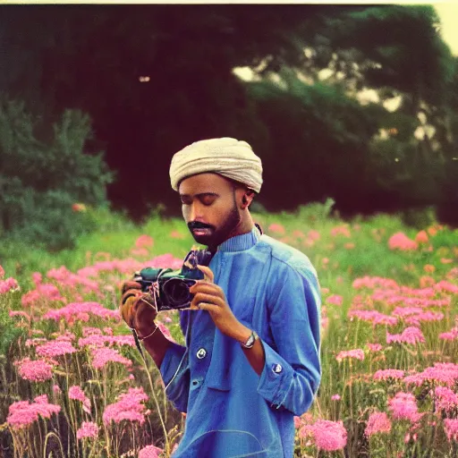 Prompt: somali male, photographer, holding camera, vintage, field of flowers, nature, nostalgic, dreamy, pastel, studio ghibli, thoughtul, wise, intricate details, shot in 1 9 6 0 s