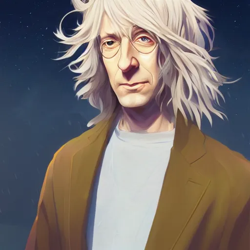 Prompt: portrait of Neil Gaiman with beautiful long pale blond hair, night time, ambient lighting, 4k, anime key visual, lois van baarle, ilya kuvshinov, rossdraws, artstation