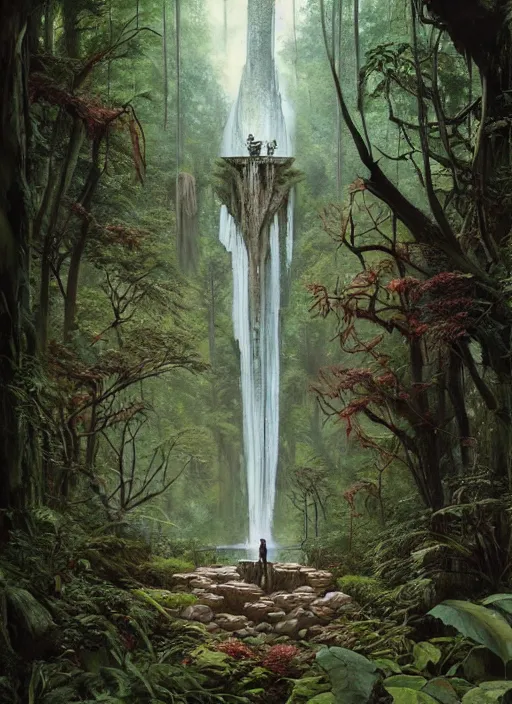 Image similar to a hyper realistic architectural witch shrine under a waterfall in the woods, gorgeous lighting, lush forest foliage, painting by chiara bautista and tom bagshaw, muca beksinski and norman rockwell and greg rutkowski weta studio, and lucasfilm