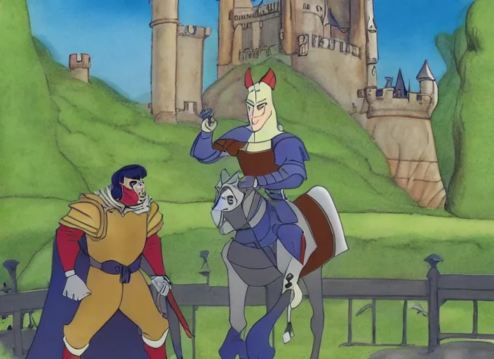 Image similar to animation key shot of a knight, gothic castle in the background, by don bluth