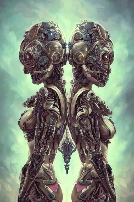 Image similar to twin Alien Robot concubines, facial tattoos, artists portrait, biomechanical, oppai, fantasy, highly detailed, photograph, concept art, sharp focus, depth of field blur, Mandelbrot fractal, art by artgerm and greg rutkowski and alphonse mucha and trevor brown, octane render