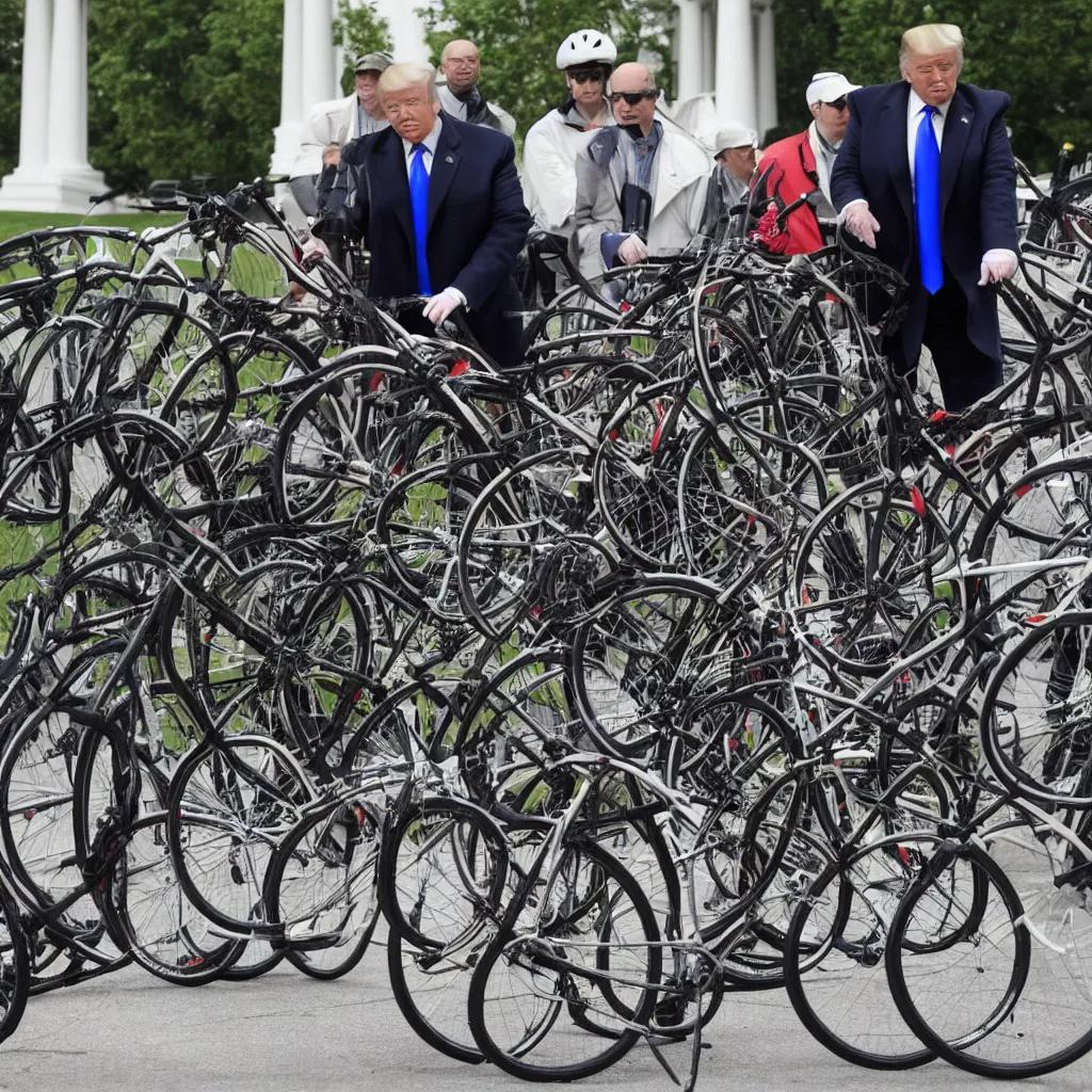 Image similar to trump repairs one bicycle outside the white house