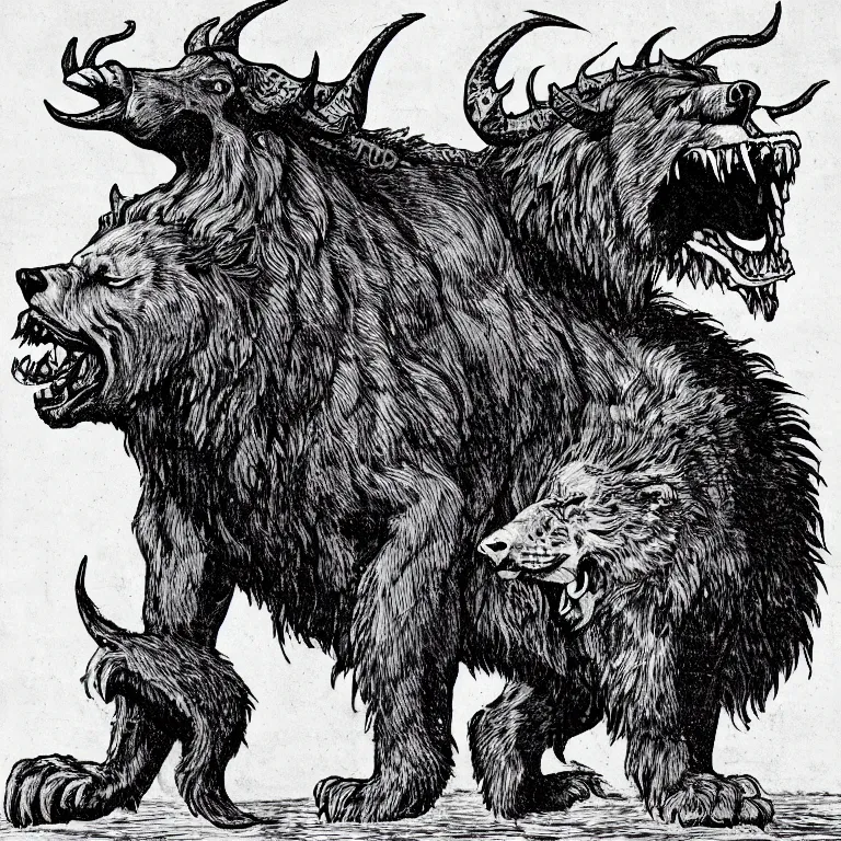 Image similar to a beast rise up out of the sea, having seven heads and ten horns, and upon his horns ten crowns, and his feet were as the feet of a bear, and his mouth as the mouth of a lion.