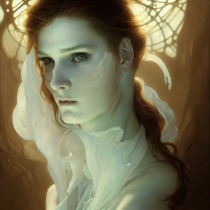 Image similar to translucent ghost, diffuse lighting, fantasy, intricate, elegant, highly detailed, lifelike, photorealistic, digital painting, artstation, illustration, concept art, smooth, sharp focus, art by John Collier and Albert Aublet and Krenz Cushart and Artem Demura and Alphonse Mucha