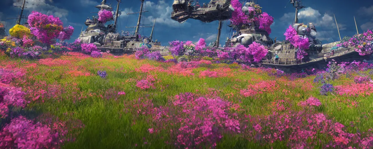 Image similar to a fantasy battle ship fly upon a sea of flowers, wide apertture, colorful, trending on artstation, 8 k resolution, ultra detailed, hyperrealism, unreal engine render