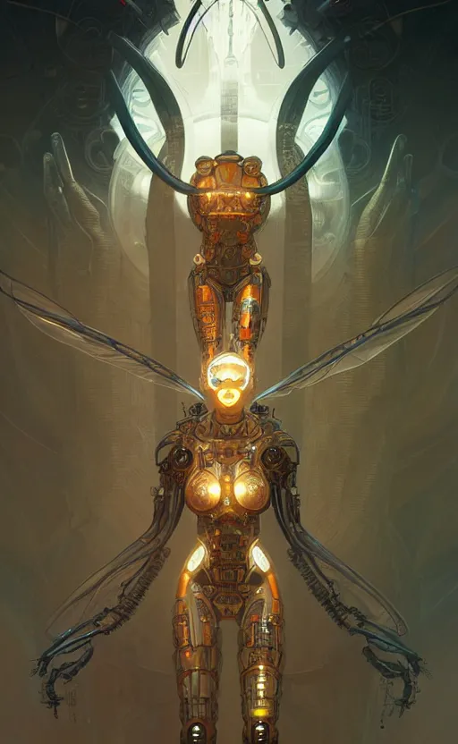 Image similar to cyborg insect deity, sci-fi, highly detailed, digital painting, artstation, concept art, smooth, sharp focus, illustration, art by artgerm and greg rutkowski and alphonse mucha